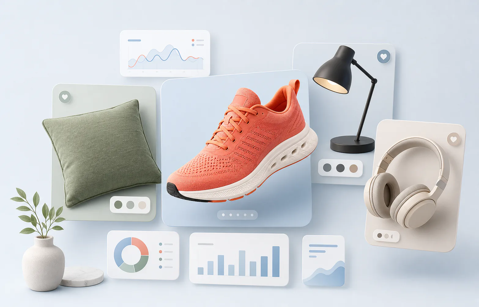 Curated product cards with a runner, cushion, lamp, headphones, and analytics panels
